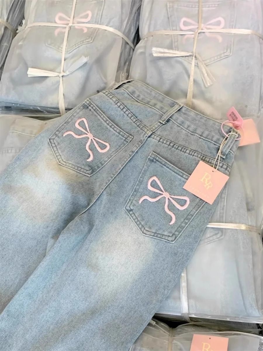 New 2025 Women's Designer Bow Embroidered Jeans High-Waisted Straight-Leg Summer Retro Wide-Leg Pants Casual Cotton Fashion_mkmklike.com