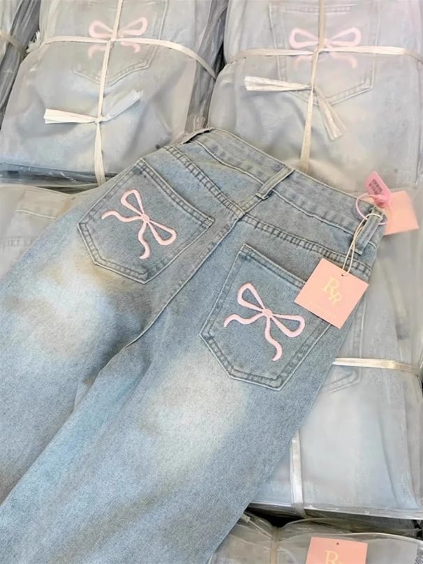 New 2025 Women's Designer Bow Embroidered Jeans High-Waisted Straight-Leg Summer Retro Wide-Leg Pants Casual Cotton Fashion_mkmklike.com