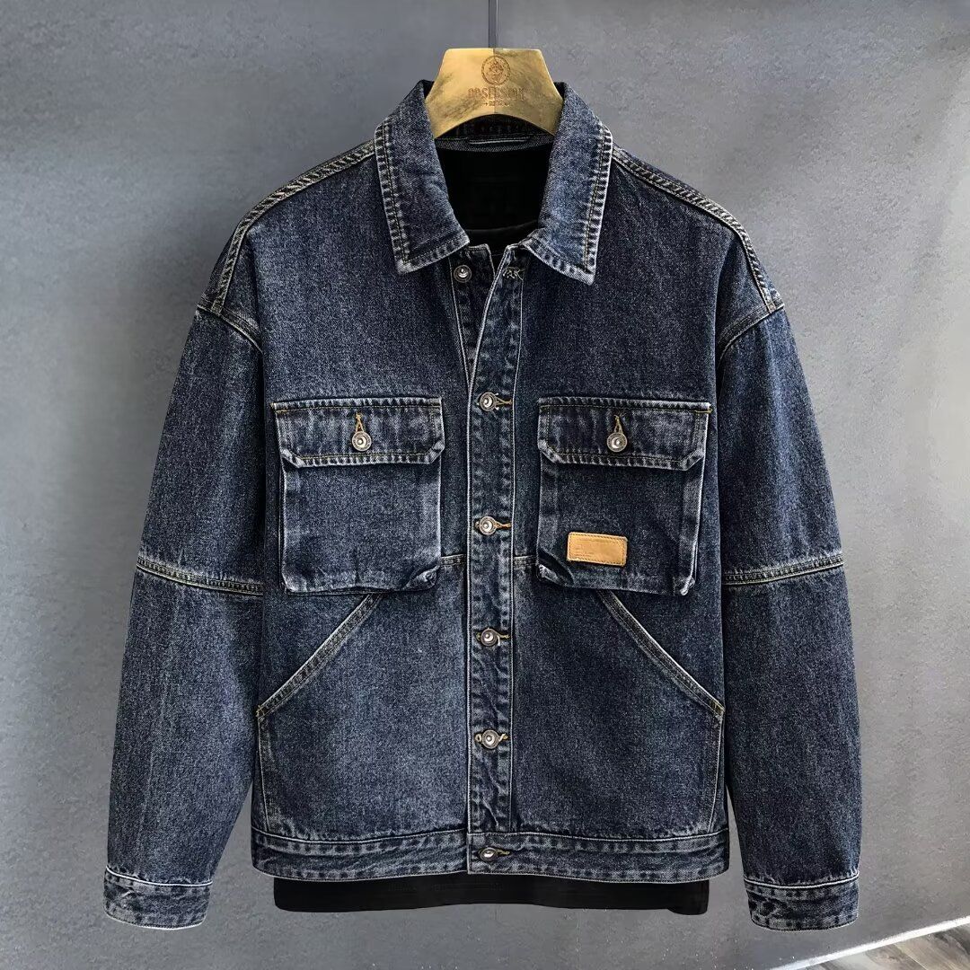 Autumn And Winter Multi Pocket Workwear Denim Jacket For Men, Loose Collar Retro Denim Jacket For Men_mkmklike.com