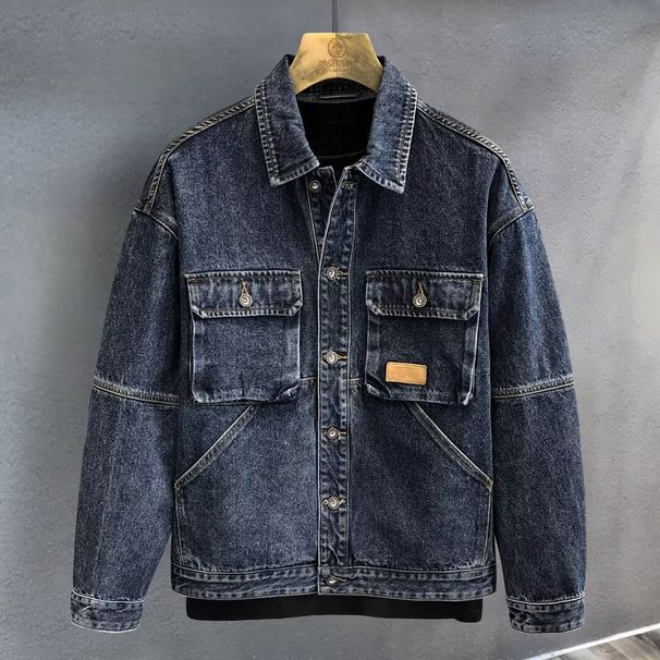 Autumn And Winter Multi Pocket Workwear Denim Jacket For Men, Loose Collar Retro Denim Jacket For Men_mkmklike.com