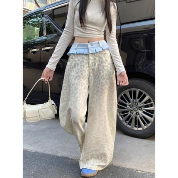 Women's Clothing Retro Leopard Print Casual Pants Spring And Autumn New Hot Girl Personality Splicing Skirt Wide Leg Casual Pants_mkmklike.com
