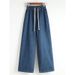Plus-size Straight-leg Jeans Women, New Style For Plus-size Girls, Mid-waist, Loose Fit, Elastic Waist With Drawstring,_mkmklike.com