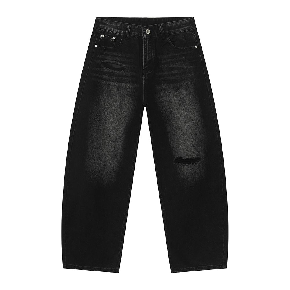 Men's Distressed Streetwear Jeans – Raw Hem Relaxed Fit Vintage Washed Denim Pants With Knee Slits & Bleach Splatter (S-XL, Mid-Rise, Zip Fly)_mkmklike.com