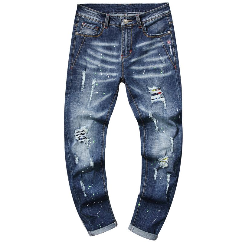 Men's Slim Fit Stretch Jeans – Distressed Embroidered Straight-Leg Denim Pants With Paint Splatter & Patchwork (28-38)_mkmklike.com