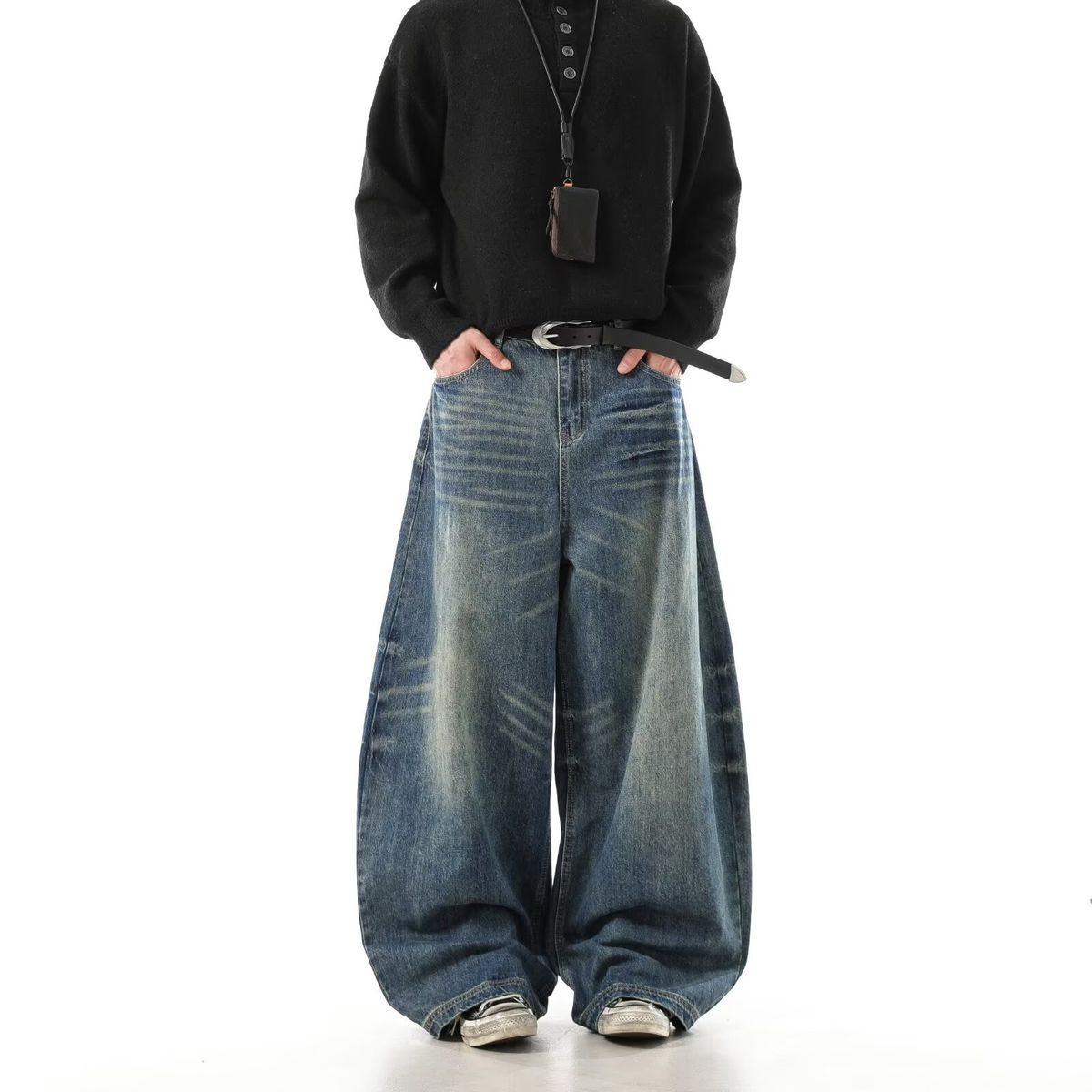 Men's Clothing Cat Whisker Scimitar Jeans Vintage Washed Blue Jeans - Unisex Flared Bootcut Pants With Cat Whisker & Relaxed Fit (Retro Blue)_mkmklike.com