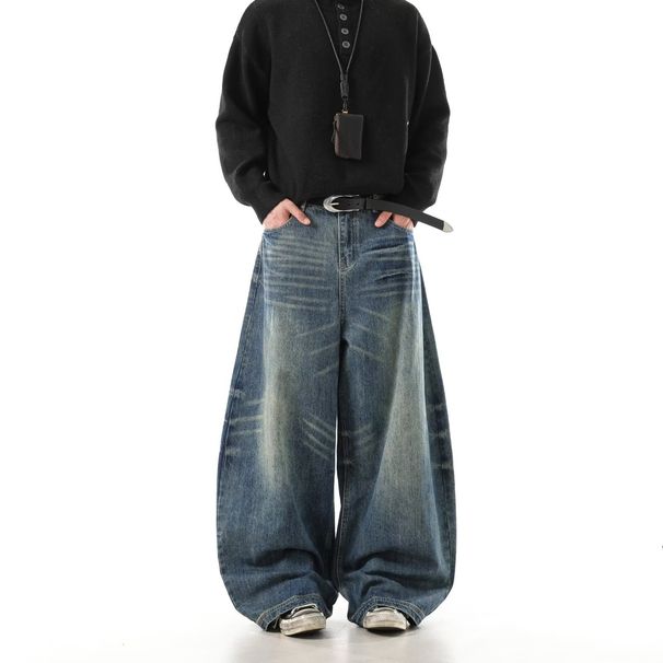 Men's Clothing Cat Whisker Scimitar Jeans Vintage Washed Blue Jeans - Unisex Flared Bootcut Pants With Cat Whisker & Relaxed Fit (Retro Blue)_mkmklike.com