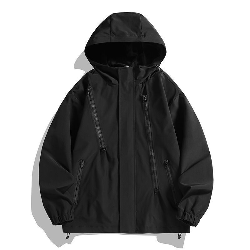 Lunar Apex Outdoor Solid Color Hooded Coat Men, Plus Size American Style Spring And Autumn Trendy Double Zipper Loose Jacket_mkmklike.com