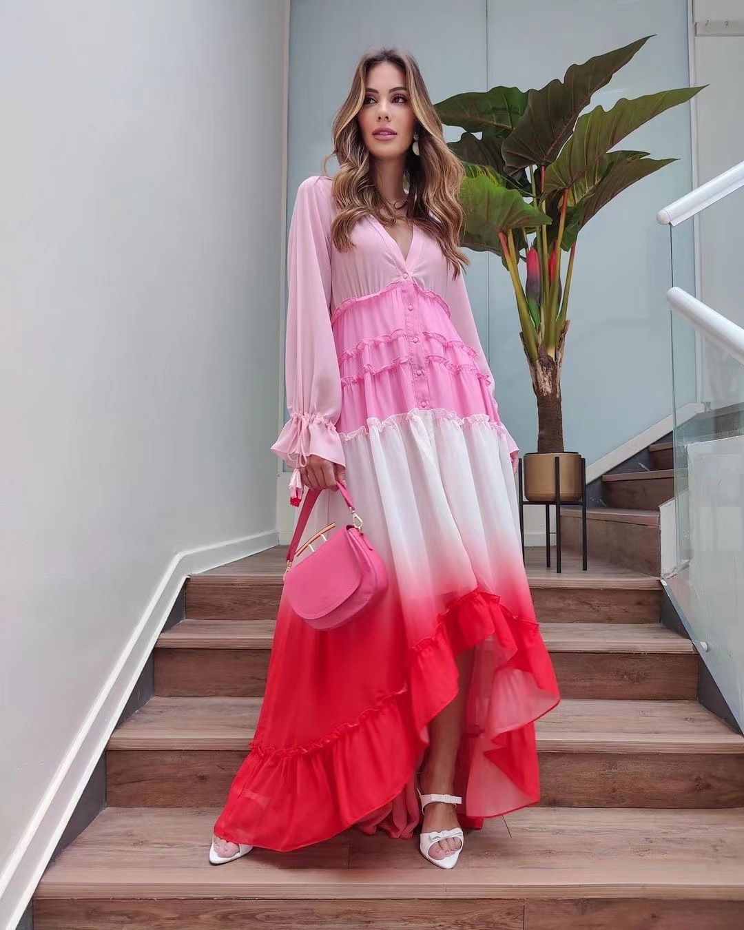 Women's Deep V Long Sleeve Gradient Printed Dress Long Skirt _mkmklike.com