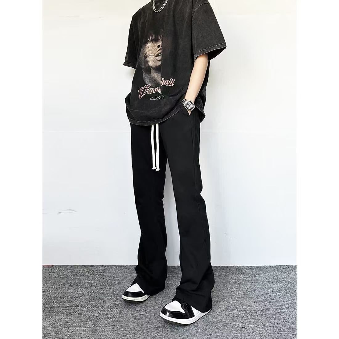 American Style High Street Flared Drawstring Jeans For Men, Autumn And Winter, Loose Straight Leg, Versatile Casual Trousers._mkmklike.com