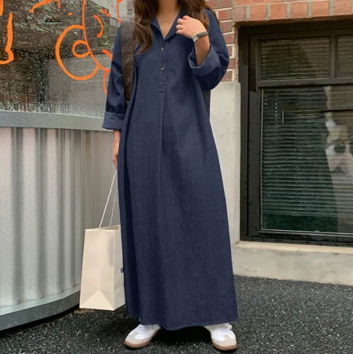 ELLE ELLE 2024 In Stock New Spring Denim Solid Color Elegant Commuter Bohemian Loose Plus Size Long Dress_mkmklike.com