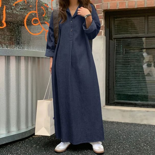 ELLE ELLE 2024 In Stock New Spring Denim Solid Color Elegant Commuter Bohemian Loose Plus Size Long Dress_mkmklike.com
