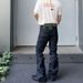 Y2K Flared Jeans For Unisex, Raw Black, Neon Green Geometric Wing Patch, Stacked, Breathable Summer_mkmklike.com