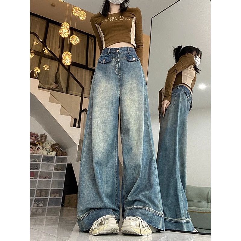 Vintage Wide-Leg Jeans For Women, Spring And Autumn New Style, Plus Size, Slimming Design, Loose Fit, Floor-Length Pants_mkmklike.com