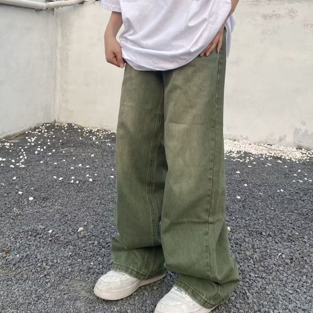 Green Jeans Men's American Retro Washed Autumn Thin Loose Straight Wide-leg Pants Trendy Versatile Long Pants_mkmklike.com