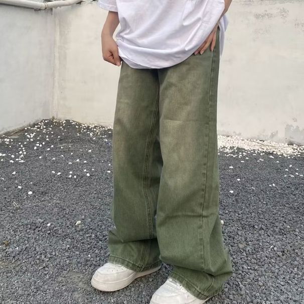 Green Jeans Men's American Retro Washed Autumn Thin Loose Straight Wide-leg Pants Trendy Versatile Long Pants_mkmklike.com