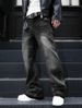 Men's Trendy Loose Wide Leg Pants American Retro Washed Distressed Gray Splatter Paint Curved Blade Jeans_mkmklike.com