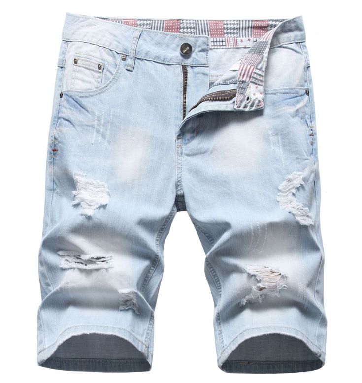 Men's Summer Light Blue Denim Shorts Mid-Thigh Length Distressed Casual Relaxed Fit Five-Pocket Design_mkmklike.com