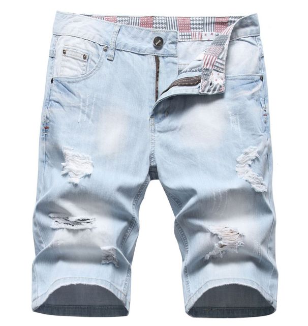 Men's Summer Light Blue Denim Shorts Mid-Thigh Length Distressed Casual Relaxed Fit Five-Pocket Design_mkmklike.com