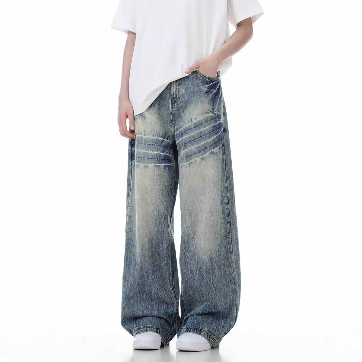 Men's Clothing Light Blue Flared Jeans For Men Autumn Trendy Brand Loose Washed Pants High Street Straight Scimitar Pants_mkmklike.com