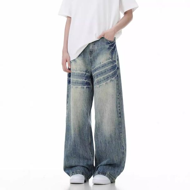 Men's Clothing Light Blue Flared Jeans For Men Autumn Trendy Brand Loose Washed Pants High Street Straight Scimitar Pants_mkmklike.com