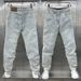 Men's Trendy Versatile Straight Leg Cropped Jeans Summer Denim Stretchy Washed Harem Style Casual Fashionable Dad Mid Waist Blue Black_mkmklike.com