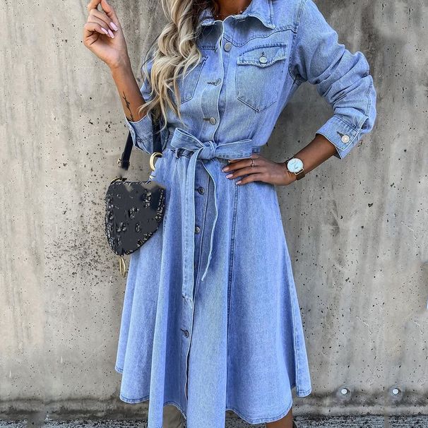 Vintage Waist-Cinching Dress With Belt Long Skirt Single-Button Stand Collar Denim Maxi Gown Full Sleeve Standard Sleeve Length_mkmklike.com