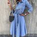 Vintage Waist-Cinching Dress With Belt Long Skirt Single-Button Stand Collar Denim Maxi Gown Full Sleeve Standard Sleeve Length_mkmklike.com