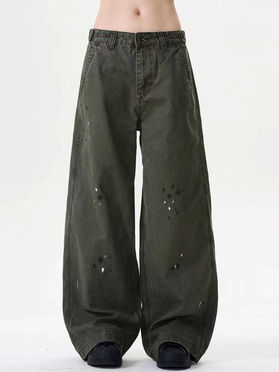 Men's Clothing Vintage Washed Distressed Denim Pants- Loose Fit Cargo Jeans With Splatter Paint Design - Straight Leg Retro Streetwear_mkmklike.com