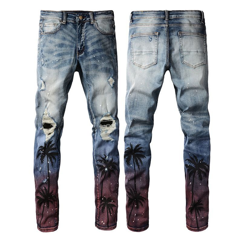 Men's Clothing American Fashion Brand Digital Printing Coconut Tree Pattern Spray Paint Hole Jeans Men's Elastic Slim Hole Jeans 6597_mkmklike.com