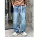 Men's American Streetwear Loose Fit Jeans - Trendy Straight Leg With Elastic Waist & Drawstring (M-3XL, Bluish/White Ash)_mkmklike.com