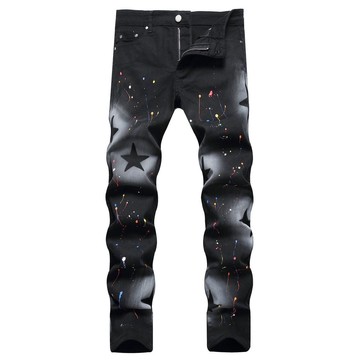 Men's Slim Fit Stretch Denim Jeans With Star Print And Splatter Effect, Edgy Urban Streetwear Pants Versatile Streetwear Essential:_mkmklike.com