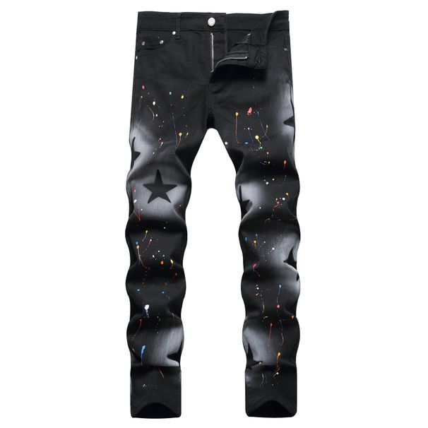 Men's Slim Fit Stretch Denim Jeans With Star Print And Splatter Effect, Edgy Urban Streetwear Pants Versatile Streetwear Essential:_mkmklike.com
