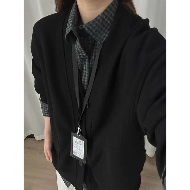 Vintage Waffle Pattern V-Neck Cardigan Unisex Autumn Winter Trendy American Cleanfit Loose Versatile Top Jacket_mkmklike.com