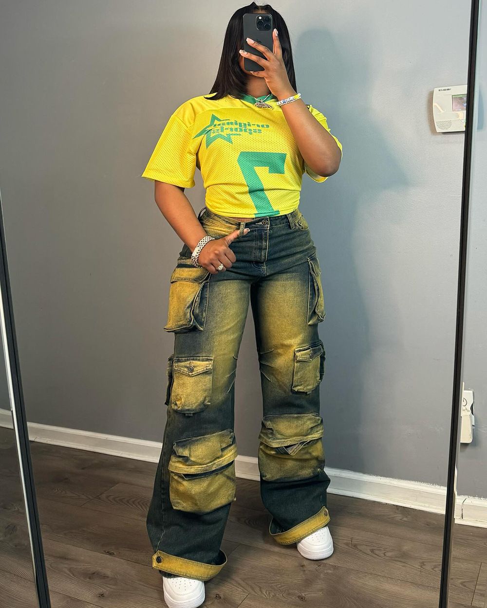 Women's High-Waisted Cargo Jeans – Oversized Utility Pants With Acid Wash & Multi-Pockets (S-3XL, Lemon Yellow, Streetwear Chic, Stretch Polyester)_mkmklike.com