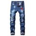 Men's Clothing New Men's Embroidered Rose Denim Ripped Light Blue Pants Slim Stretch Trousers_mkmklike.com