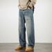 Men's Washed Patchwork Jeans Straight Leg Loose Wide Fit Casual Long Pants American High Street Style Trendy Versatile Simple_mkmklike.com