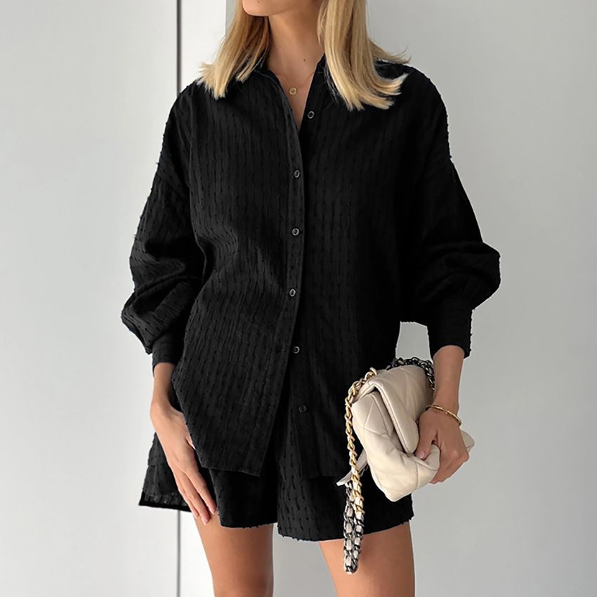 Hollow jacquard niche French long-sleeved suit shirt shorts casual women's design white_mkmklike.com