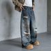 Men's Distressed Denim Jeans – Oversized Straight Leg, Vintage Blue Wash With Fake Rips (S-3xl) – Streetwear Style_mkmklike.com