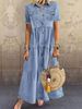 Retro Women Dresses 2025 Short Sleeve Turn Down Collar Pockets Button Long Loose Denim Dress Summer Long Dress_mkmklike.com