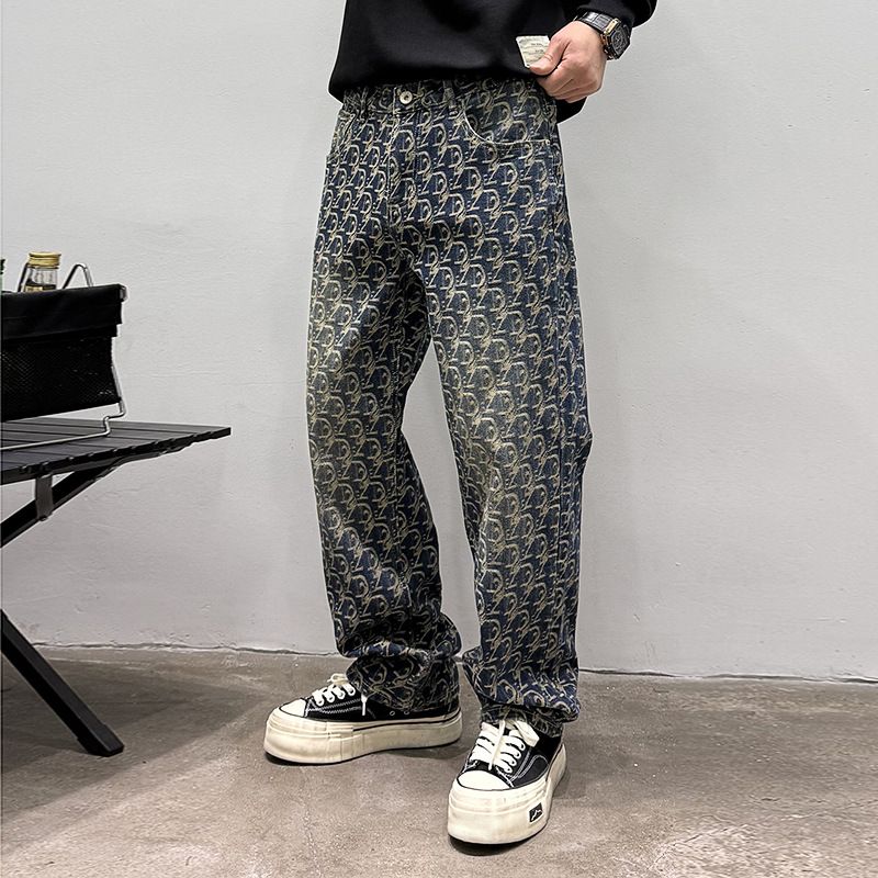 Men's Clothing High Street Fashion Brand Jacquard Jeans Loose Versatile Straight Wide Leg Handsome Men's Casual Trousers Men_mkmklike.com