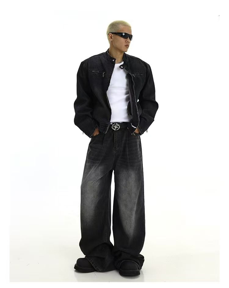 Men's Clothing Men's Retro Washed Black Jeans Loose Straight Leg Wide Leg Floor Length High Street Trendy Trousers_mkmklike.com