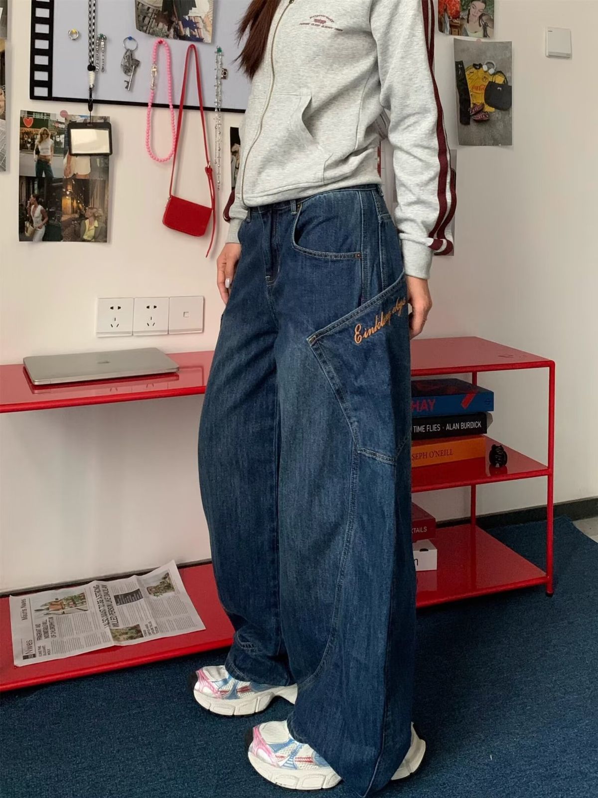 Retro Large Pocket Curved Blade Jeans Men's Autumn New Style High Street Design Loose Slim Straight Wide Leg_mkmklike.com