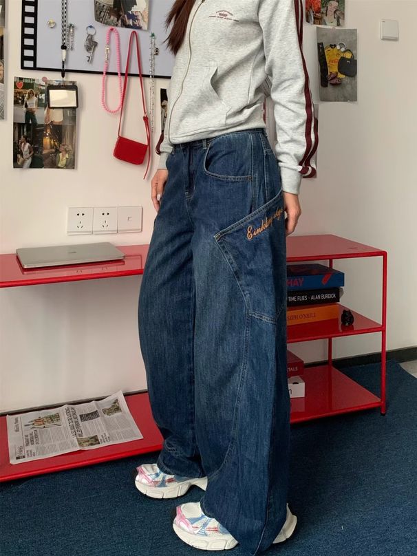 Retro Large Pocket Curved Blade Jeans Men's Autumn New Style High Street Design Loose Slim Straight Wide Leg_mkmklike.com