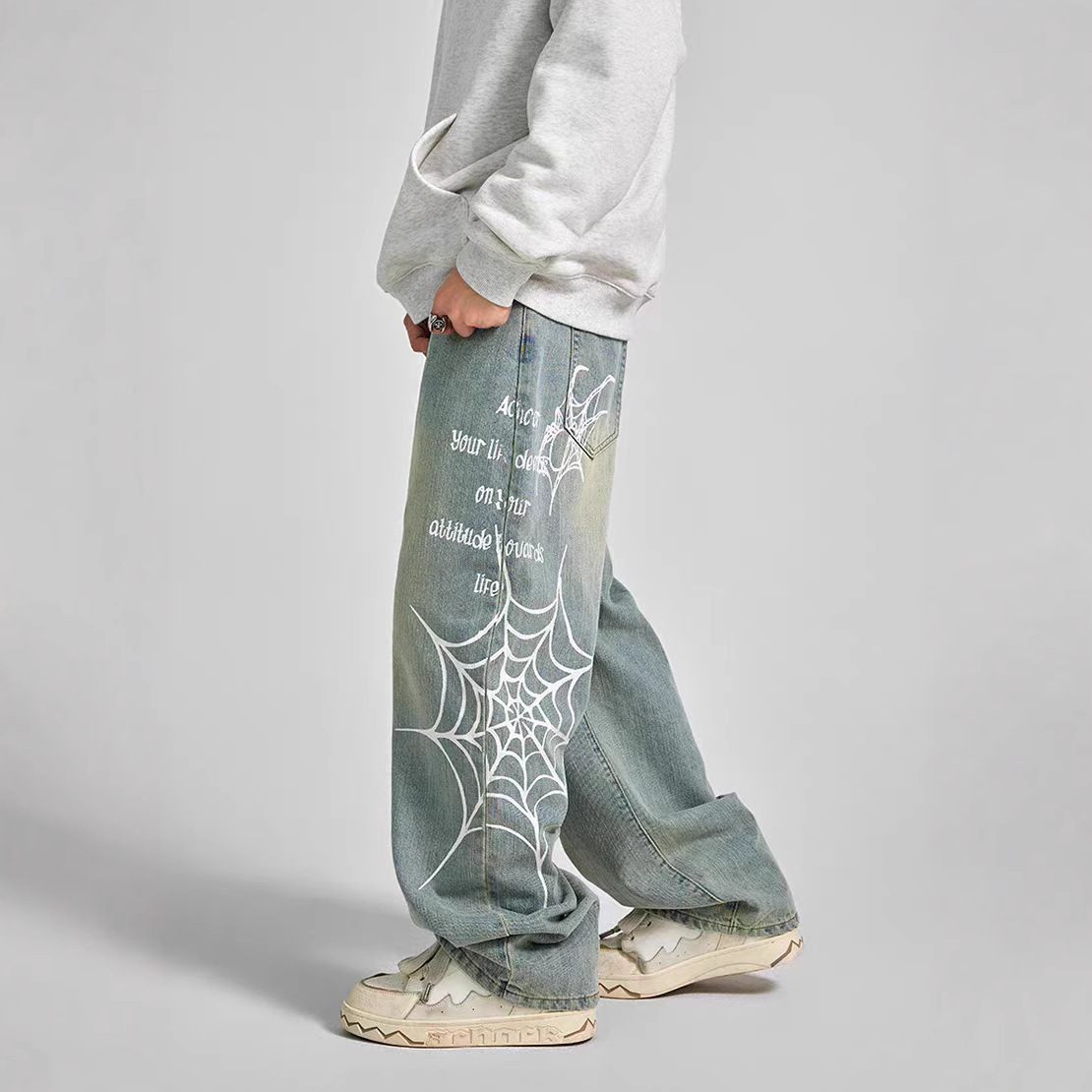 Streetwear Spiderweb Print Jeans | Straight-Leg Denim Pants For Men | High-Fashion Wide-Leg Trousers (Unisex Fit)_mkmklike.com