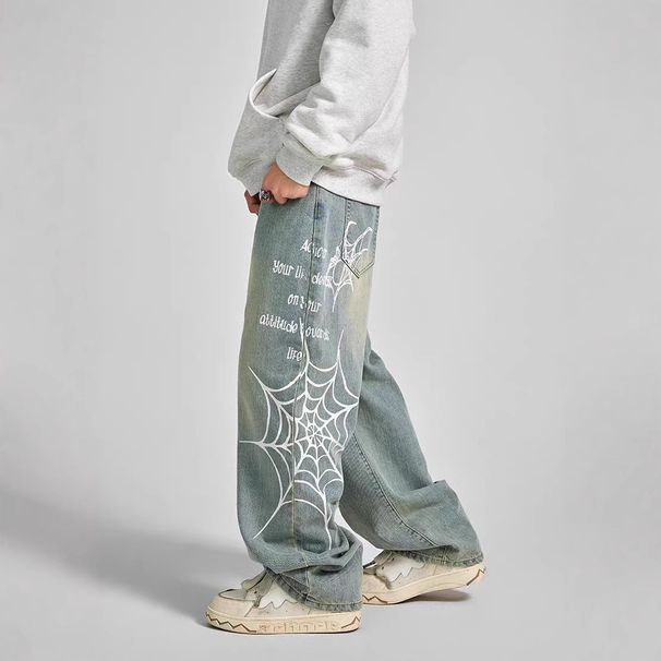 Streetwear Spiderweb Print Jeans | Straight-Leg Denim Pants For Men | High-Fashion Wide-Leg Trousers (Unisex Fit)_mkmklike.com