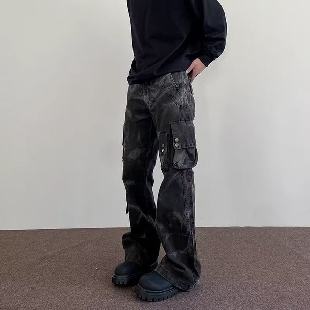 Men's Multi-Pocket Cargo Jeans – American Streetwear Style, Wide Leg & Straight Fit, Utility Pants For Urban Fashion_mkmklike.com