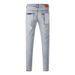 Men's American High Street Fashion Distressed Light Blue Letters Printing Stretch Skinny Button Fly Ripped Jeans_mkmklike.com