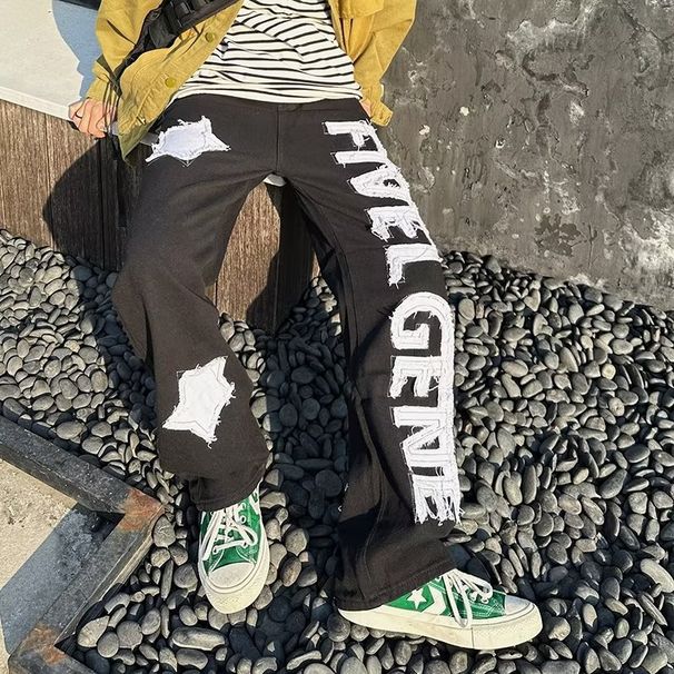 High Street Ink Splashed Splicing Vibe Men's Flared Jeans Loose Floor Length Straight Trousers Mid Waist Denim Vintage Style_mkmklike.com