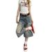 Vintage Washed Denim Capri Pants – High Street Wide-Leg Cropped Jeans For Women (Blue, S-4XL, Relaxed Fit, Stretch Comfort, Summer)_mkmklike.com