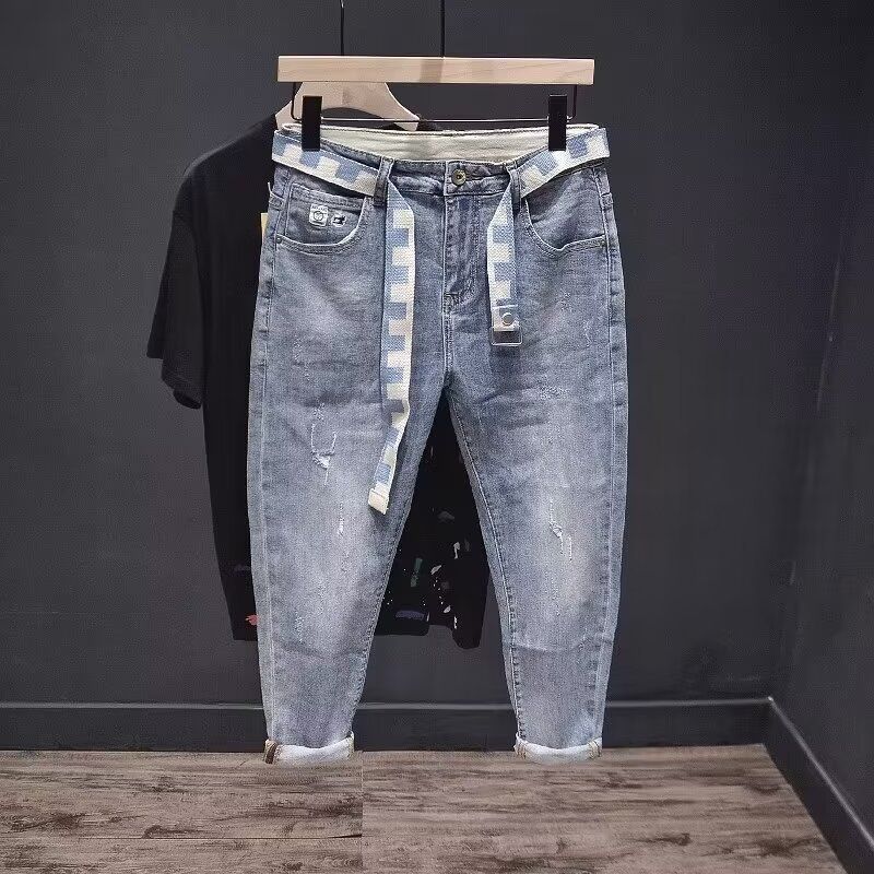 Men's Slim Fit Stretch Jeans Light Blue Distressed with Embroidery Comfortable Cropped Casual Pants for Spring Summer Fall_mkmklike.com